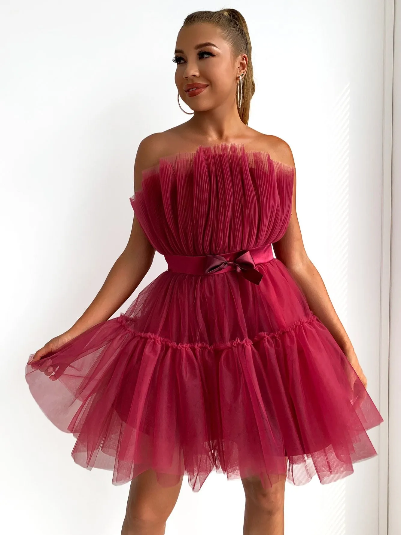 Mesh Solid Bow Mini Dress Women Layered Strapless Ball Gown Sexy Party Club Dress Backless Summer Dress