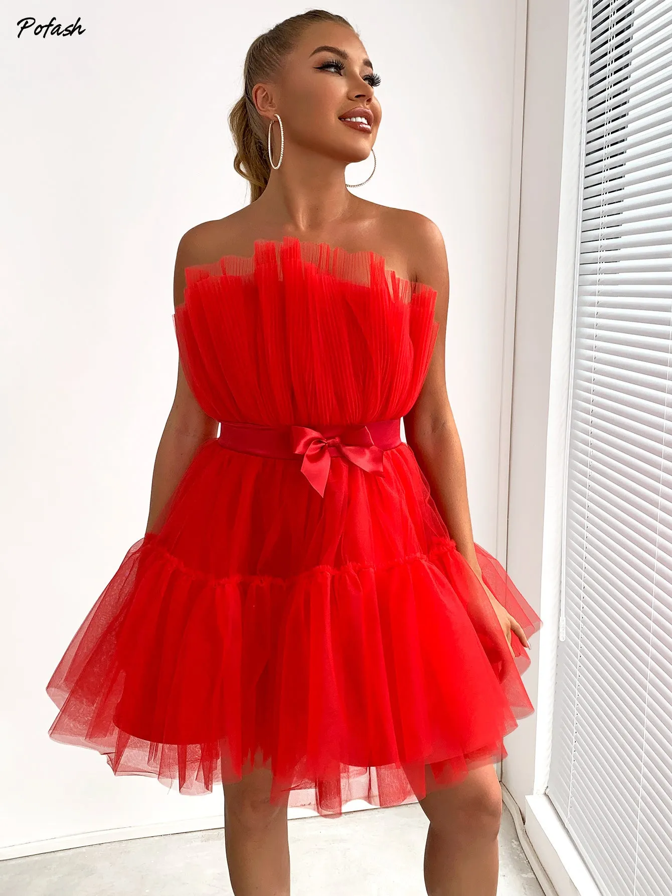 Mesh Solid Bow Mini Dress Women Layered Strapless Ball Gown Sexy Party Club Dress Backless Summer Dress