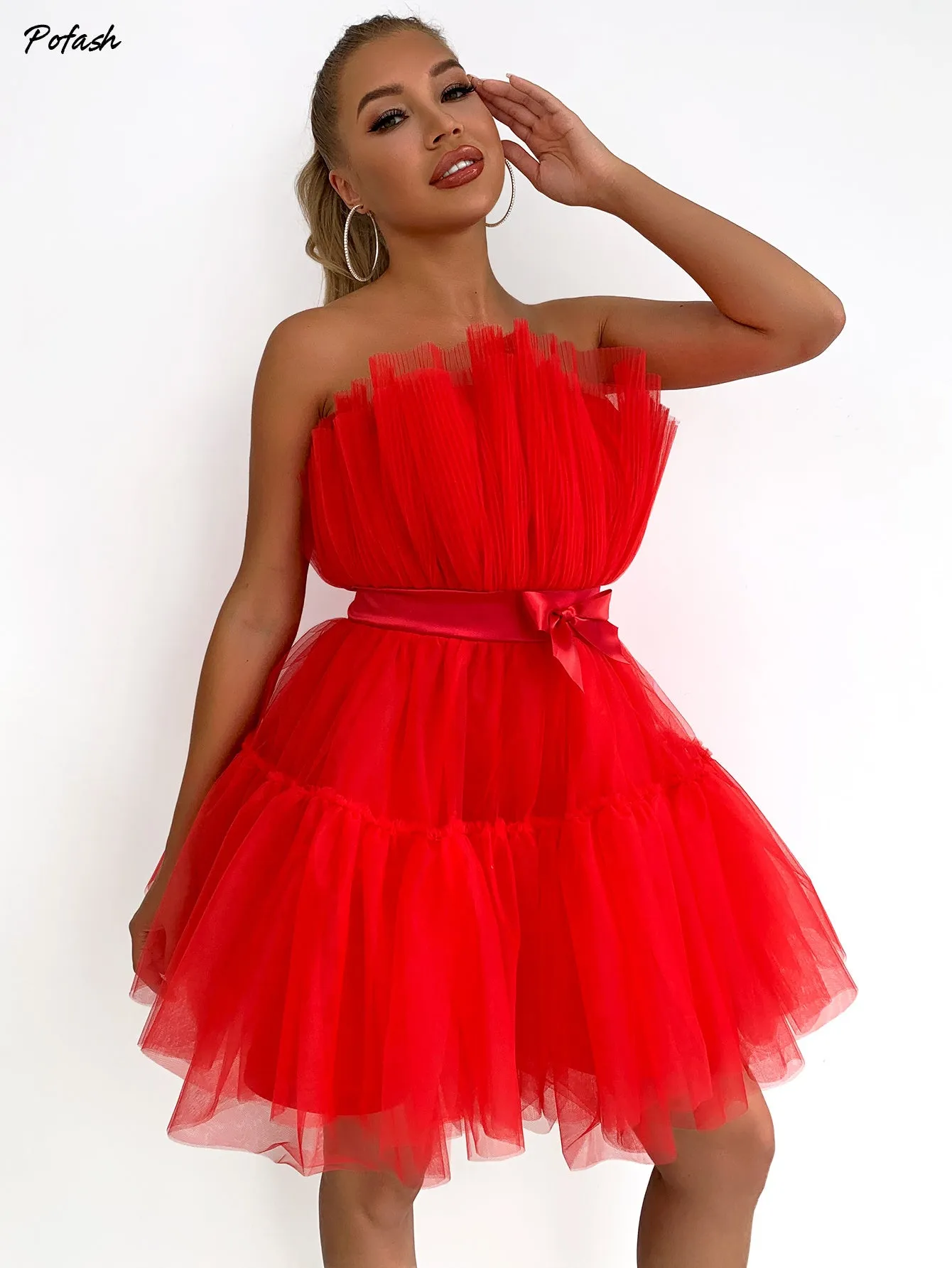 Mesh Solid Bow Mini Dress Women Layered Strapless Ball Gown Sexy Party Club Dress Backless Summer Dress