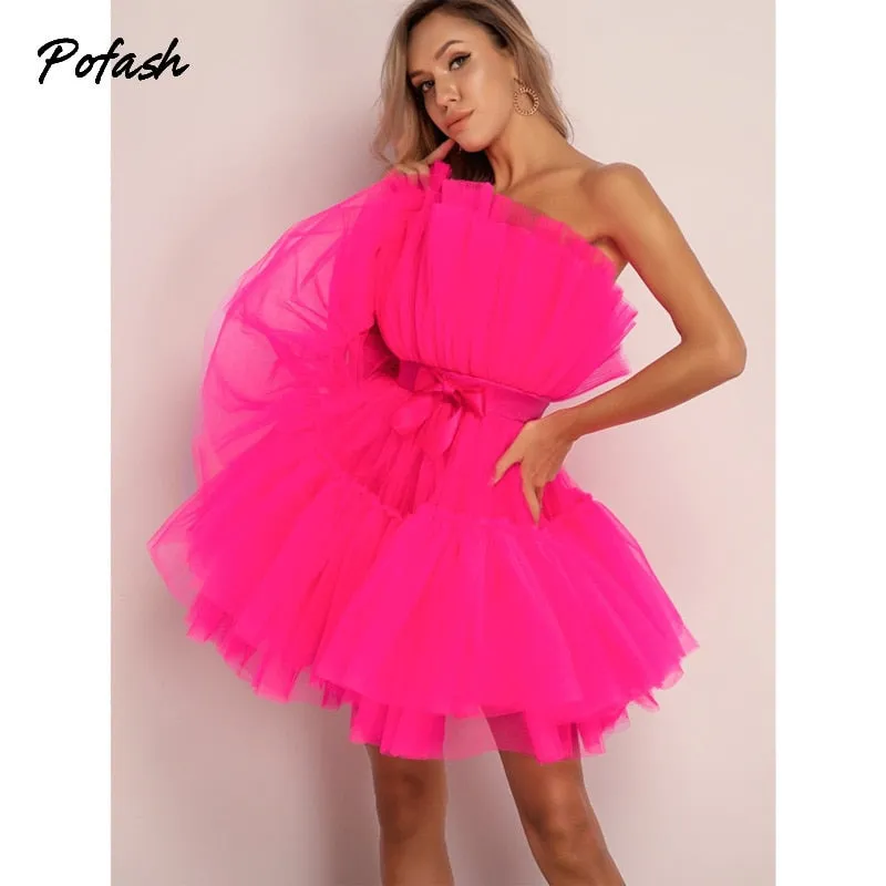 Mesh Solid Bow Mini Dress Women Layered Strapless Ball Gown Sexy Party Club Dress Backless Summer Dress