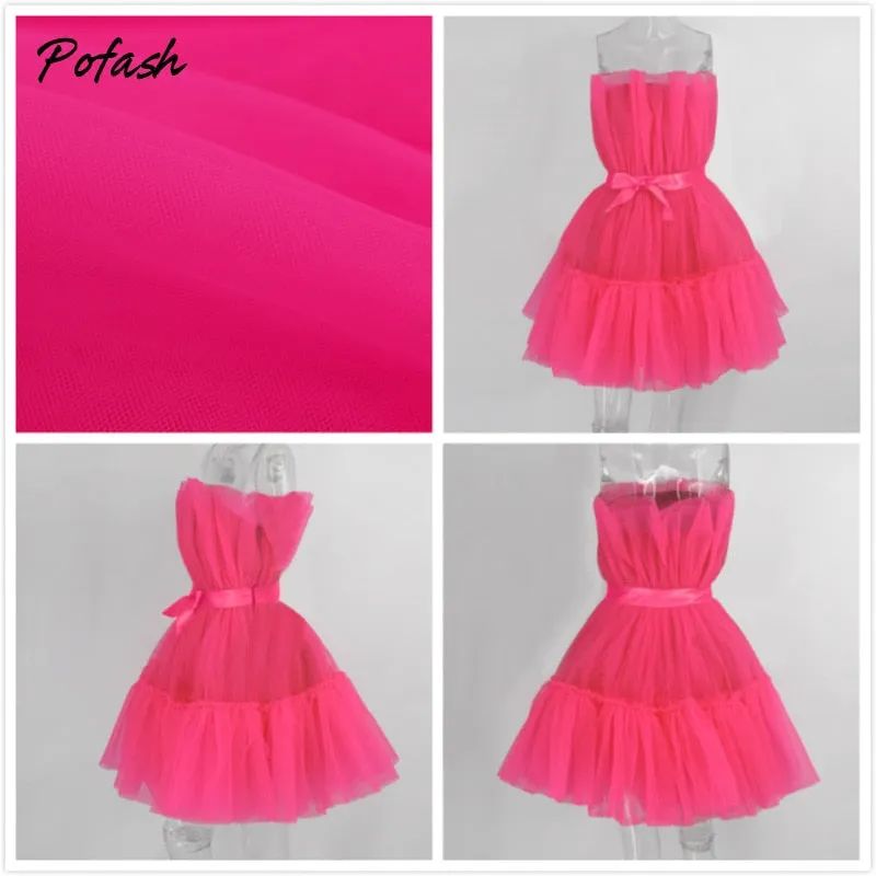 Mesh Solid Bow Mini Dress Women Layered Strapless Ball Gown Sexy Party Club Dress Backless Summer Dress