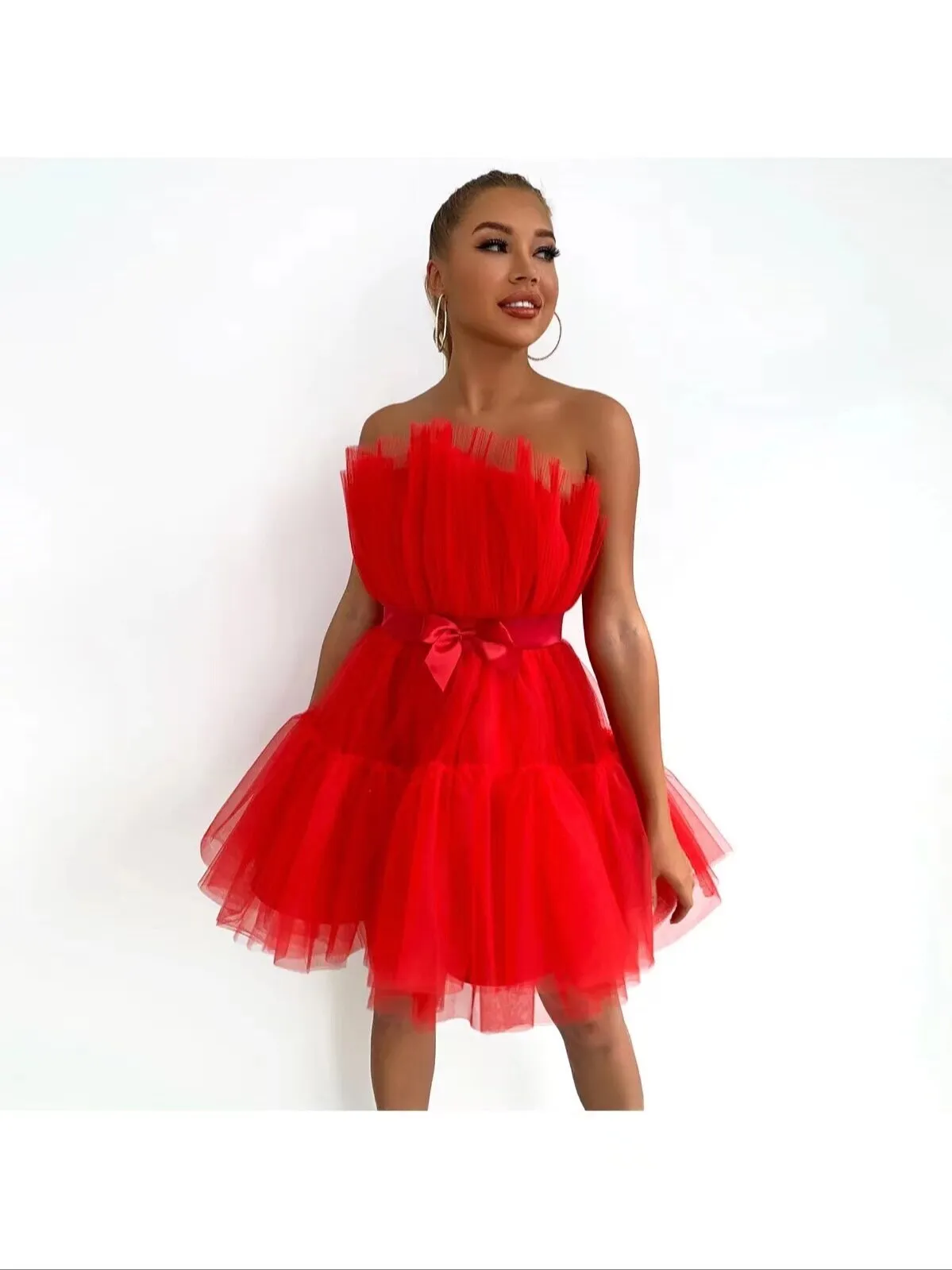 Mesh Solid Bow Mini Dress Women Layered Strapless Ball Gown Sexy Party Club Dress Backless Summer Dress