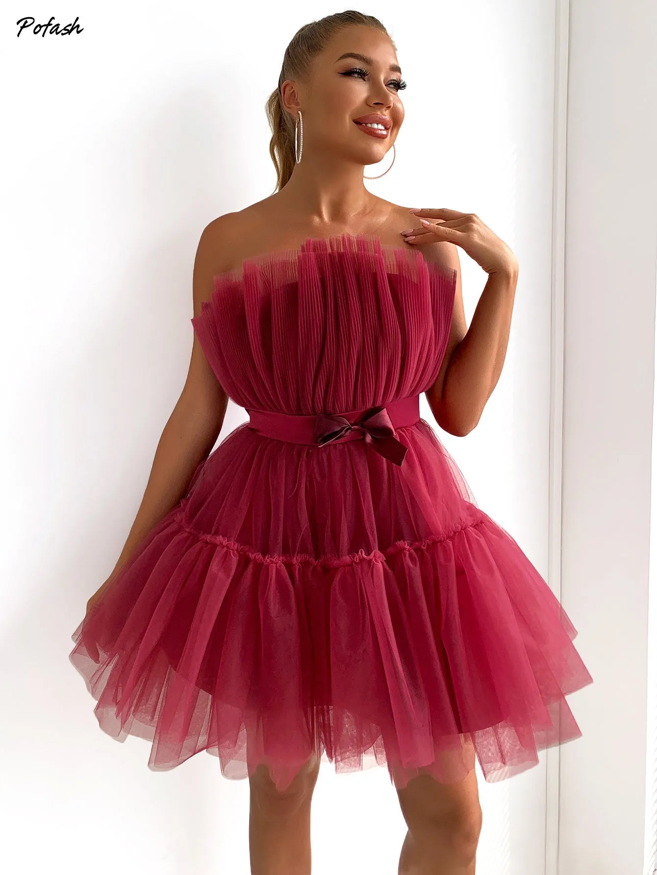 Mesh Solid Bow Mini Dress Women Layered Strapless Ball Gown Sexy Party Club Dress Backless Summer Dress