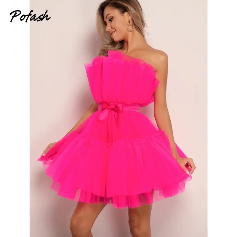 Mesh Solid Bow Mini Dress Women Layered Strapless Ball Gown Sexy Party Club Dress Backless Summer Dress