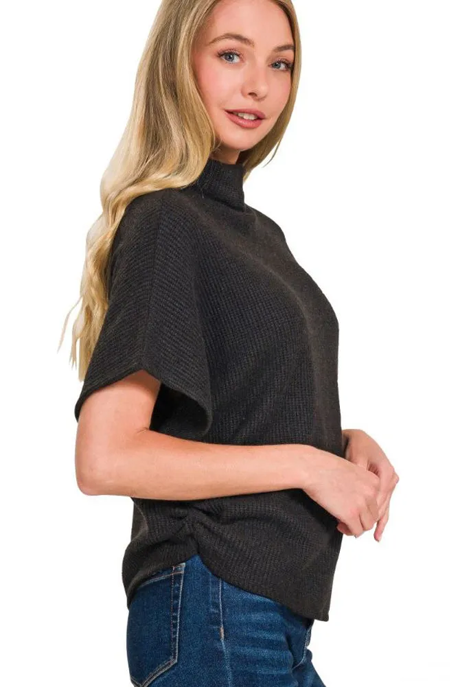Mock Neck Sweater Side Shirred in Black by Zenana