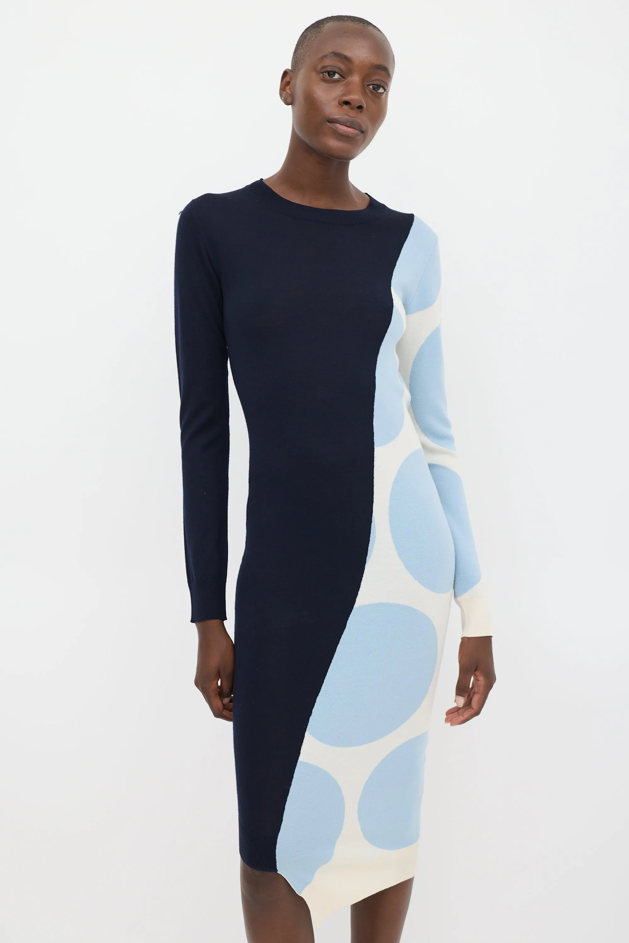 Navy & Light Blue Wool Asymmetrical Sweater Dress