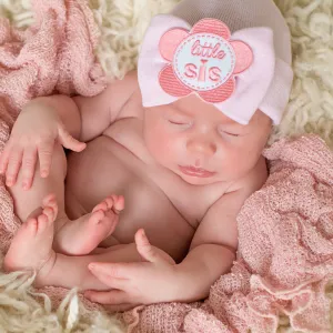 Newborn Baby Girl Hospital Beanie Hat With Pink Little Sis Flower Patch Big Bow, Newborn Hat Infant Hat