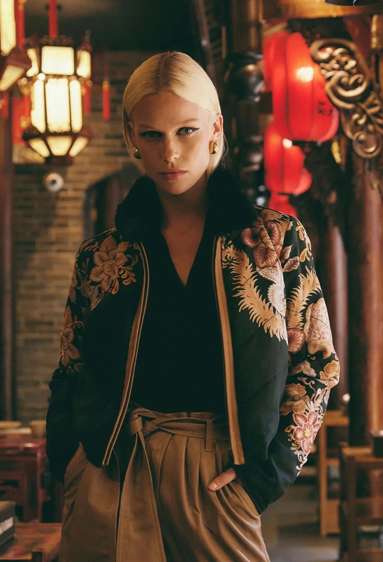 Once Was Empress Cupro Viscose Bomber Jacket Dragon Flower