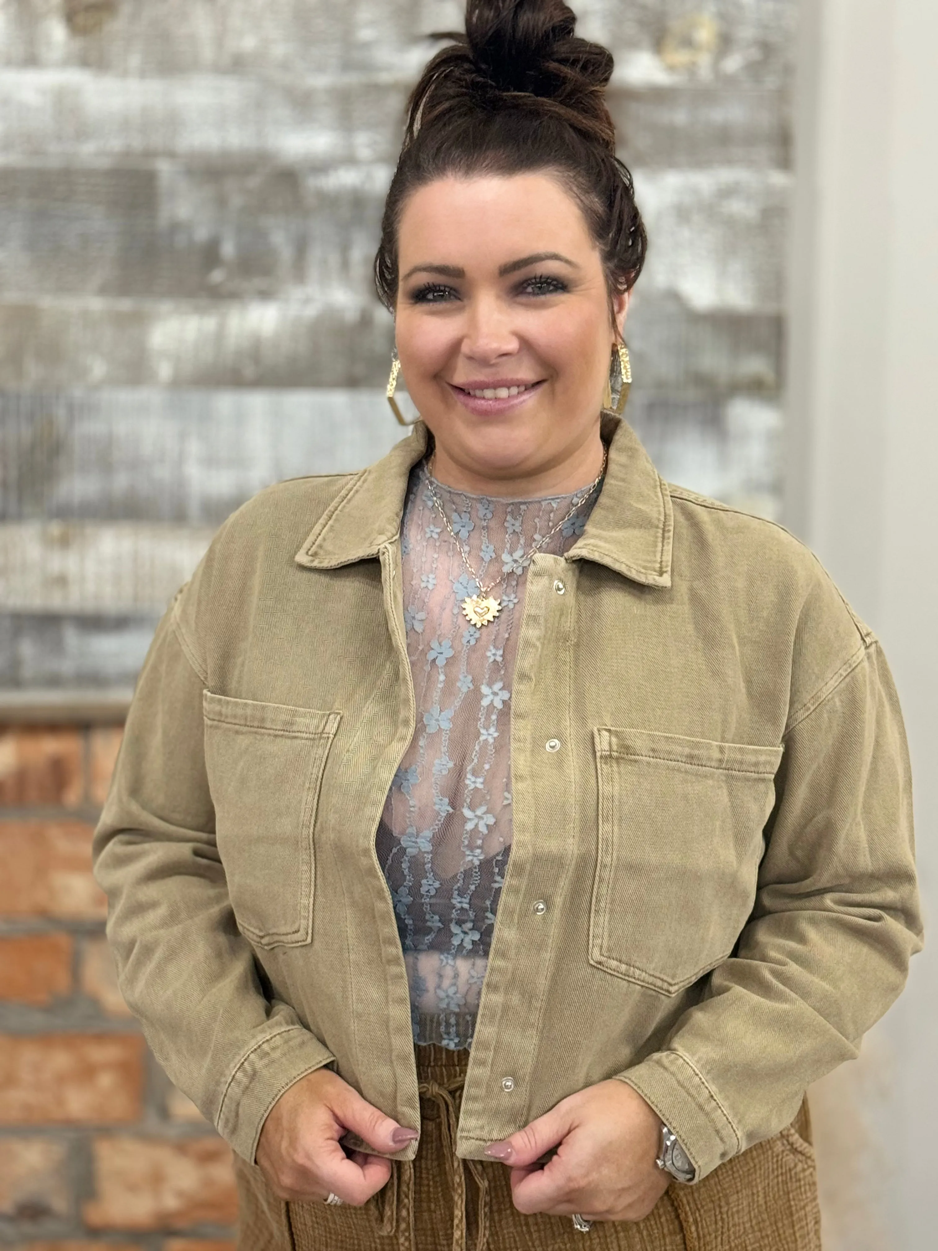 Oversized Pocket Snap Button Denim Jacket | Khaki