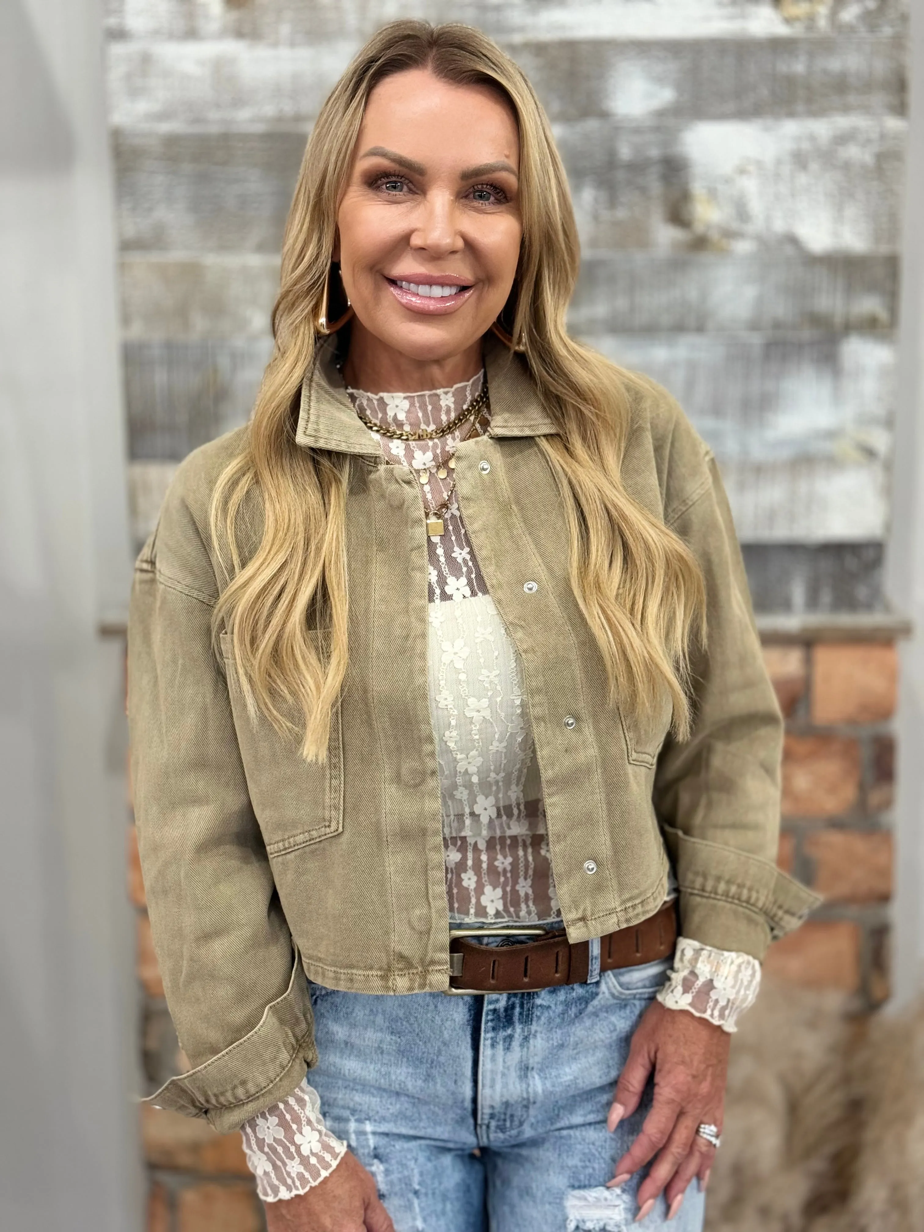 Oversized Pocket Snap Button Denim Jacket | Khaki