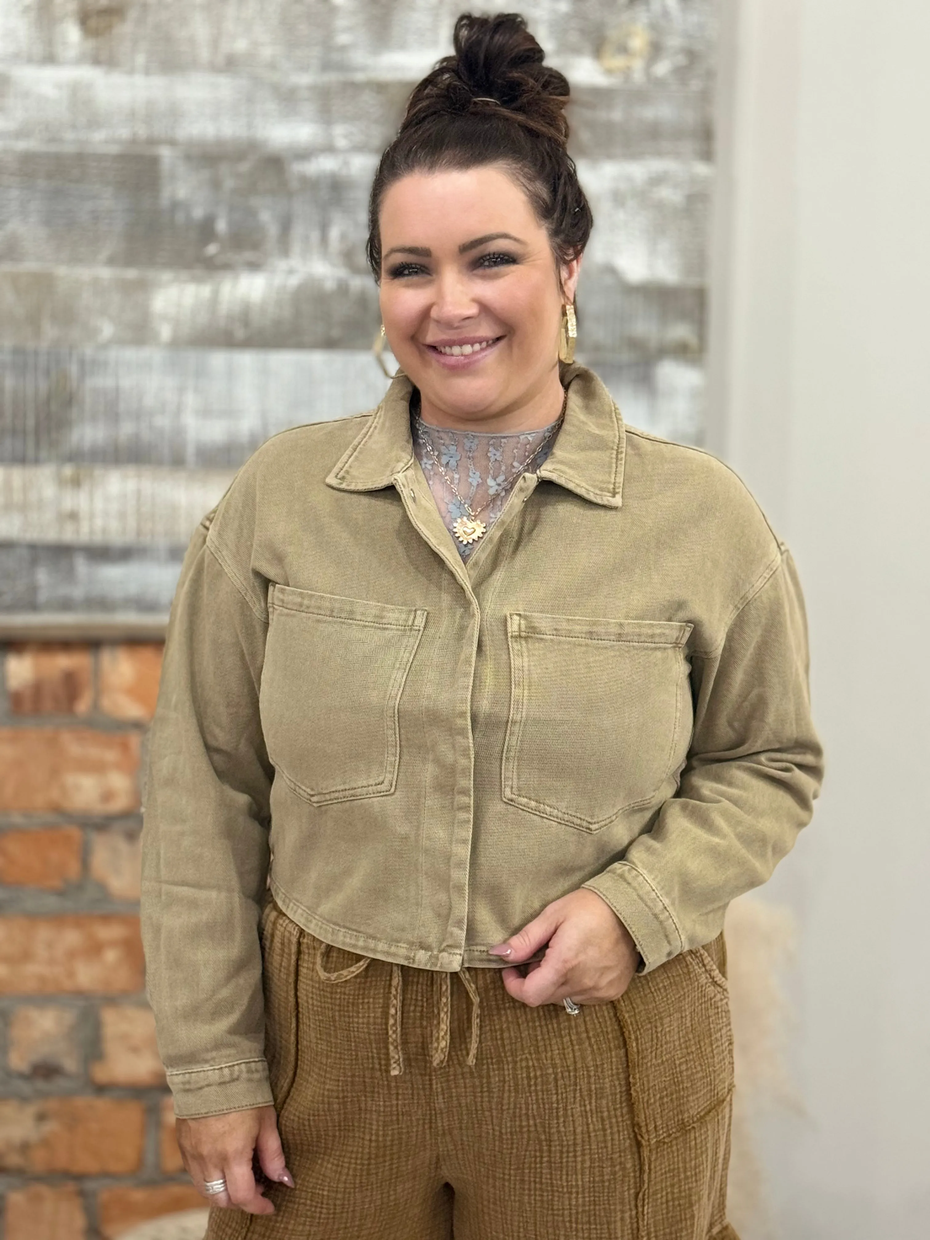 Oversized Pocket Snap Button Denim Jacket | Khaki