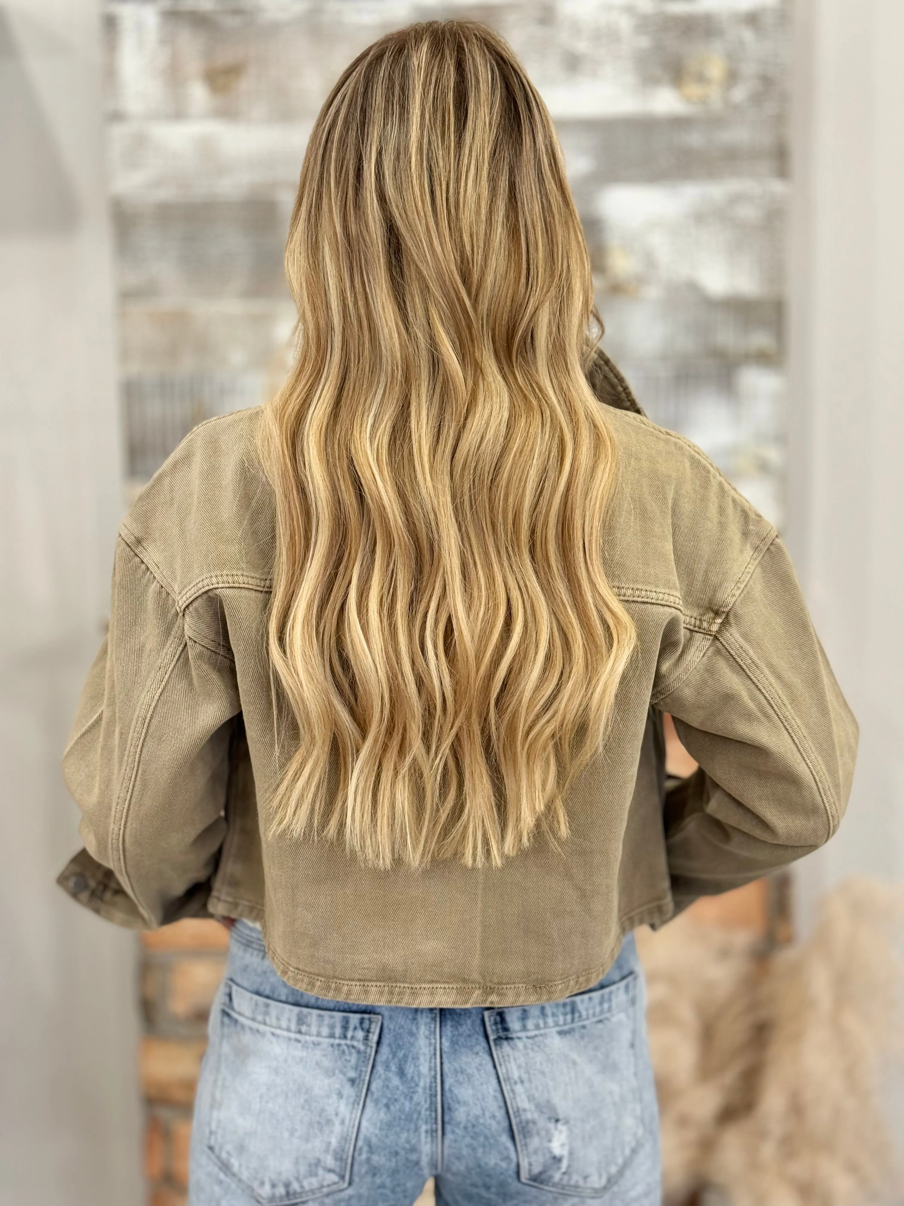 Oversized Pocket Snap Button Denim Jacket | Khaki