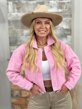 Oversized Pocket Snap Button Denim Jacket | Pink