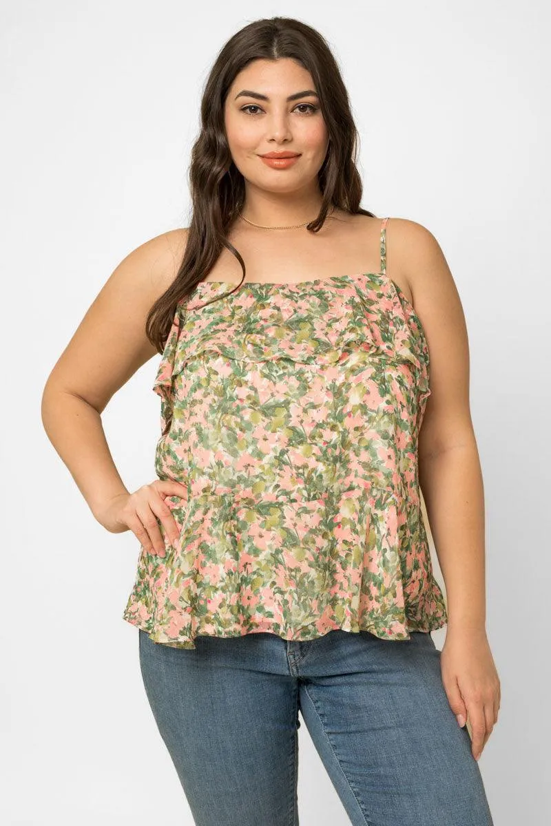 Plus Size Square Neck Ruffle Floral Print Top