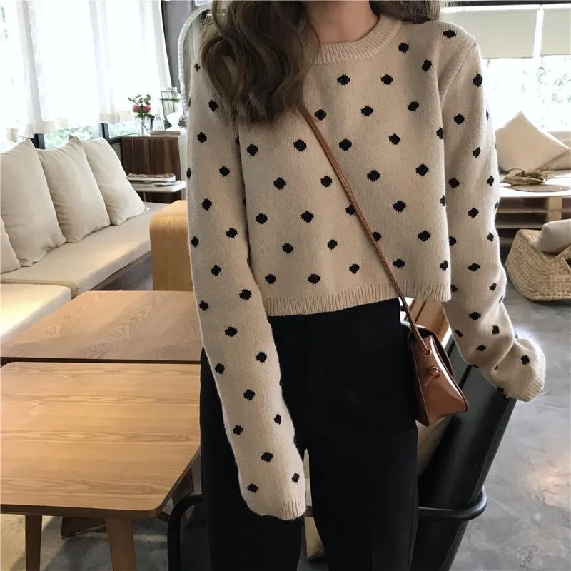 Polka Dot White Black Pullover Cropped Sweater