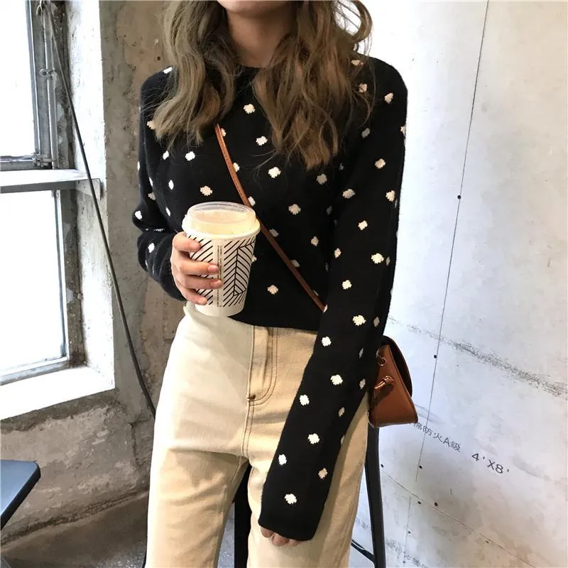 Polka Dot White Black Pullover Cropped Sweater