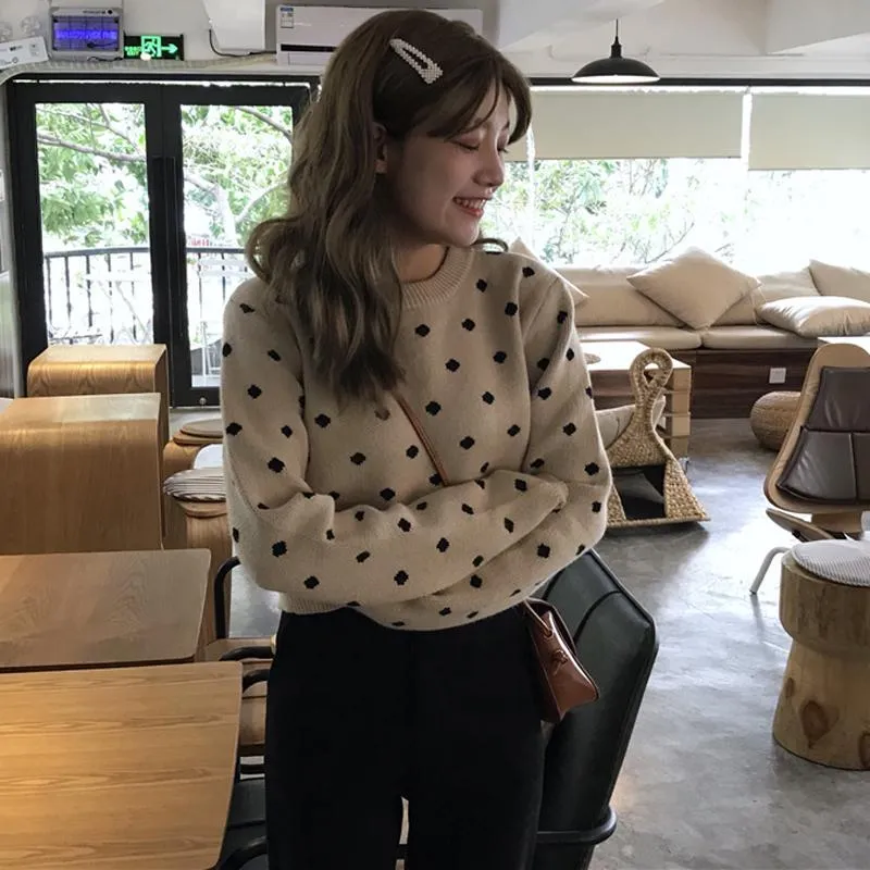 Polka Dot White Black Pullover Cropped Sweater