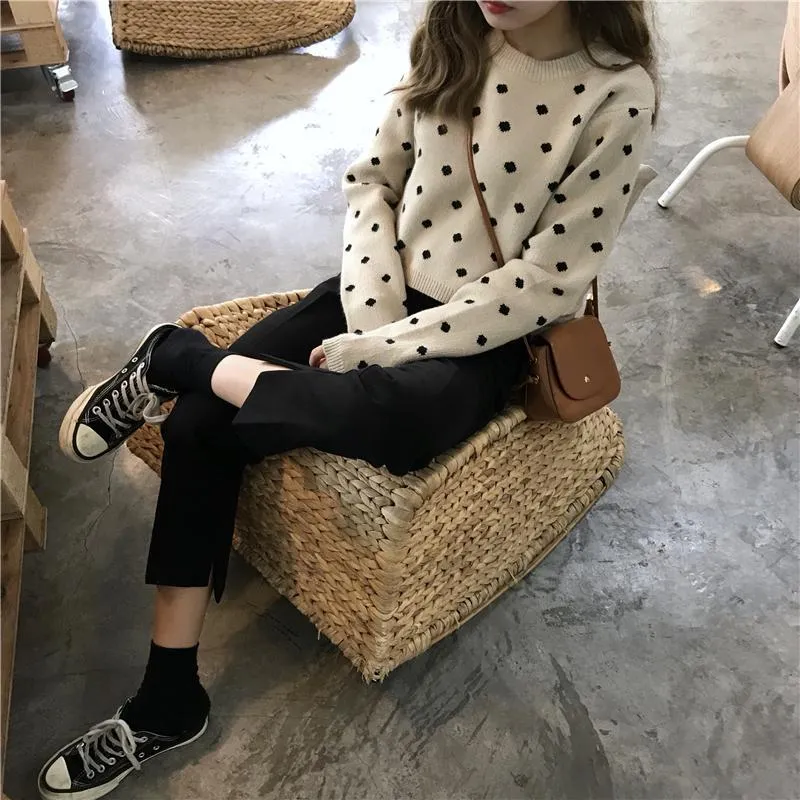 Polka Dot White Black Pullover Cropped Sweater
