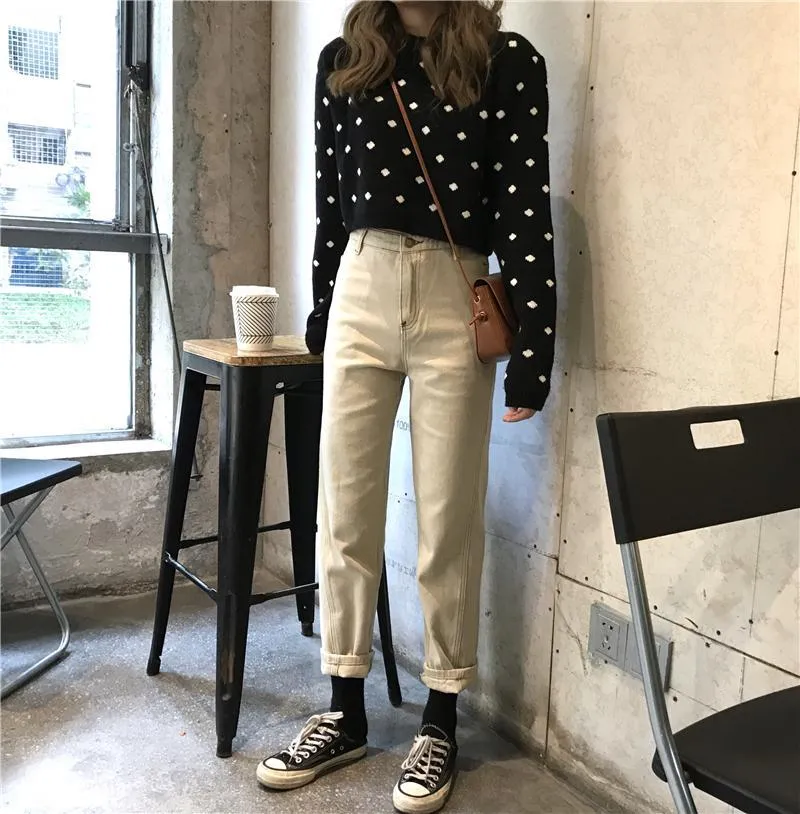 Polka Dot White Black Pullover Cropped Sweater