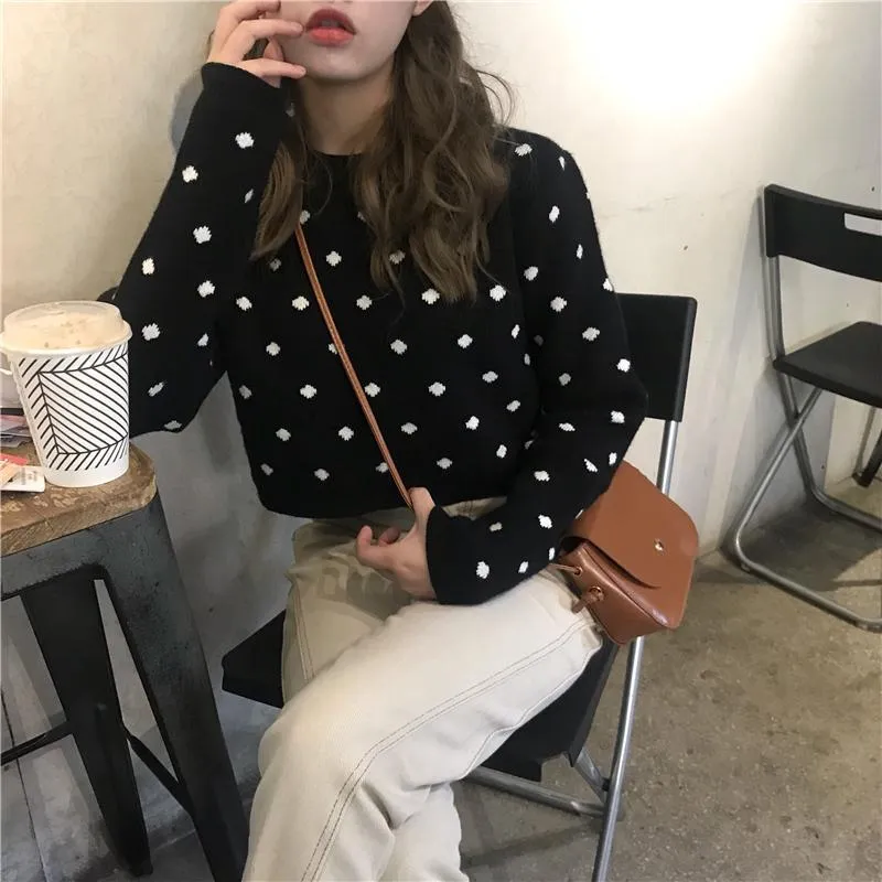 Polka Dot White Black Pullover Cropped Sweater