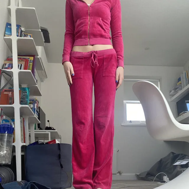 Purpdrank - Y2K Aesthetic Velvet Tracksuit Zip Up Cropped Hoodie Jacket and Low Waist Pants Two Piece Sets Women Casual Autumn Co-ord Suit