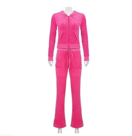 Purpdrank - Y2K Aesthetic Velvet Tracksuit Zip Up Cropped Hoodie Jacket and Low Waist Pants Two Piece Sets Women Casual Autumn Co-ord Suit