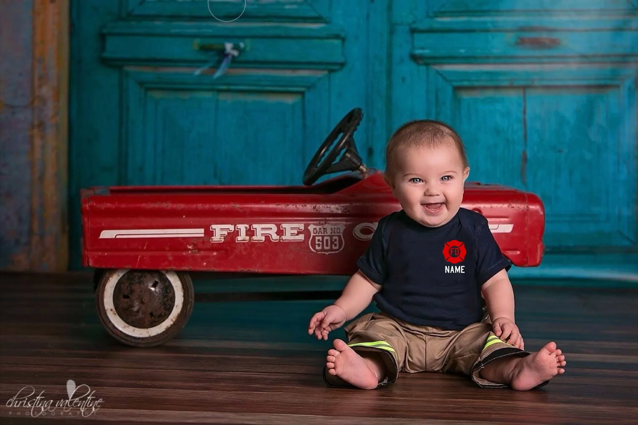 RED MALTESE CROSS Firefighter Personalized TAN 3PC Baby Outfit