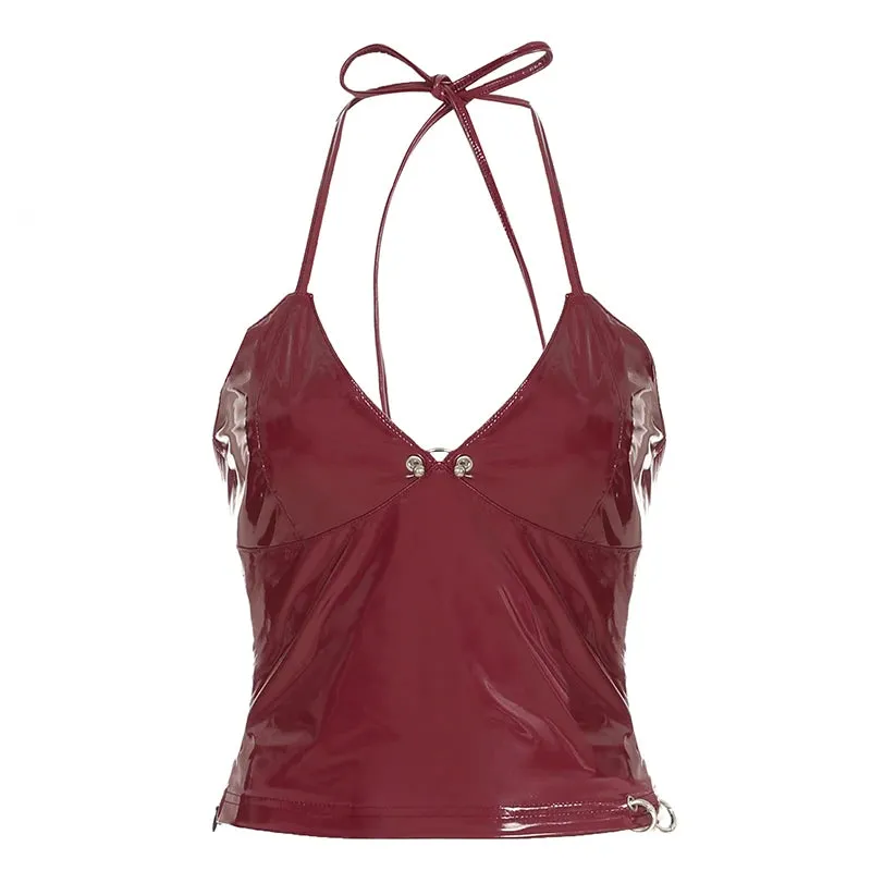 Red PU Leather Halter Bandage Crop Top