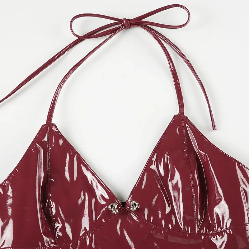 Red PU Leather Halter Bandage Crop Top