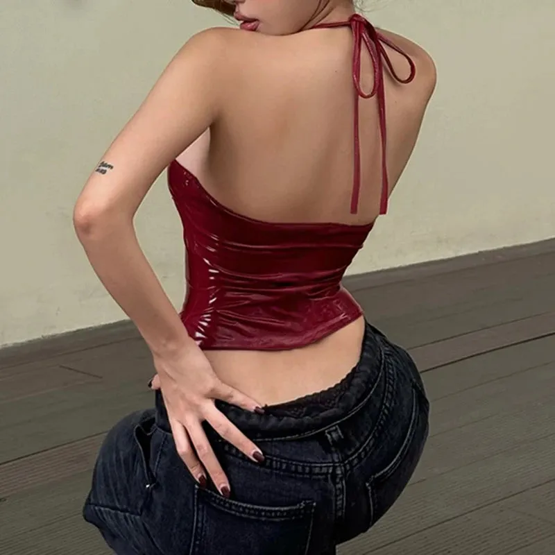 Red PU Leather Halter Bandage Crop Top