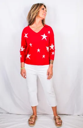 Red - V-Neck Star Sweater