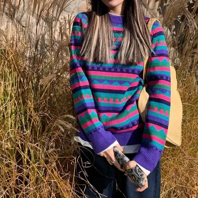 Retro Colorful Pattern Thin Knit Pullover Sweater