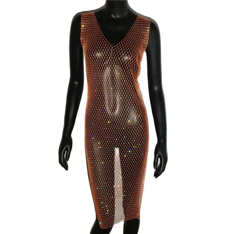 Rhinestone Mesh Party Sequins Crystal Dress Women Sexy Sleeveless Hollow Out Bodycon Outwear Nightclub Beach Dresses