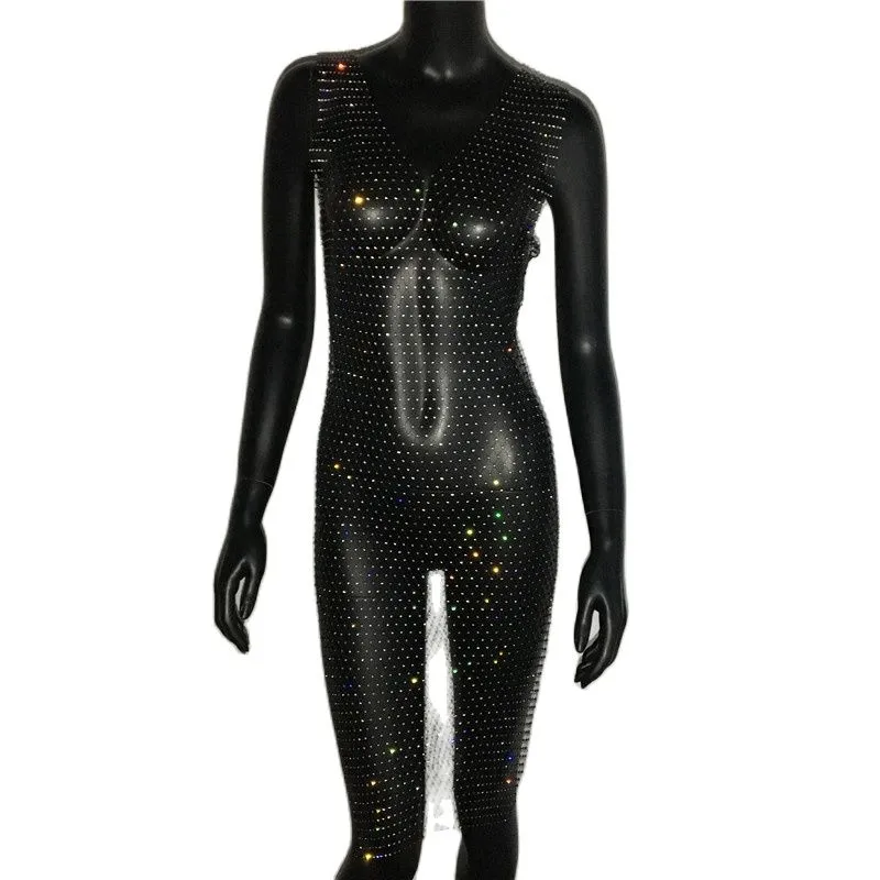 Rhinestone Mesh Party Sequins Crystal Dress Women Sexy Sleeveless Hollow Out Bodycon Outwear Nightclub Beach Dresses