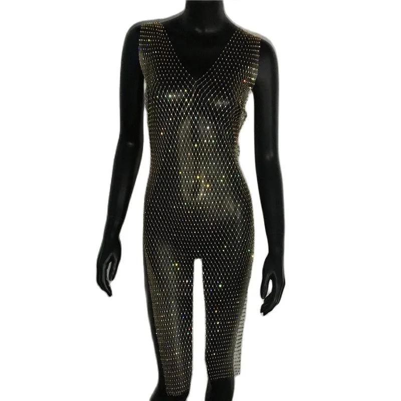 Rhinestone Mesh Party Sequins Crystal Dress Women Sexy Sleeveless Hollow Out Bodycon Outwear Nightclub Beach Dresses