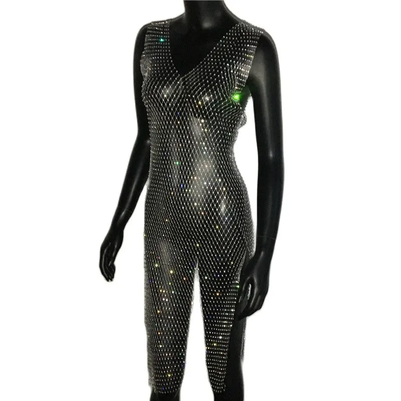 Rhinestone Mesh Party Sequins Crystal Dress Women Sexy Sleeveless Hollow Out Bodycon Outwear Nightclub Beach Dresses