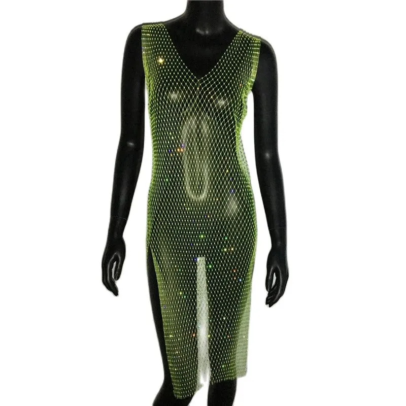 Rhinestone Mesh Party Sequins Crystal Dress Women Sexy Sleeveless Hollow Out Bodycon Outwear Nightclub Beach Dresses