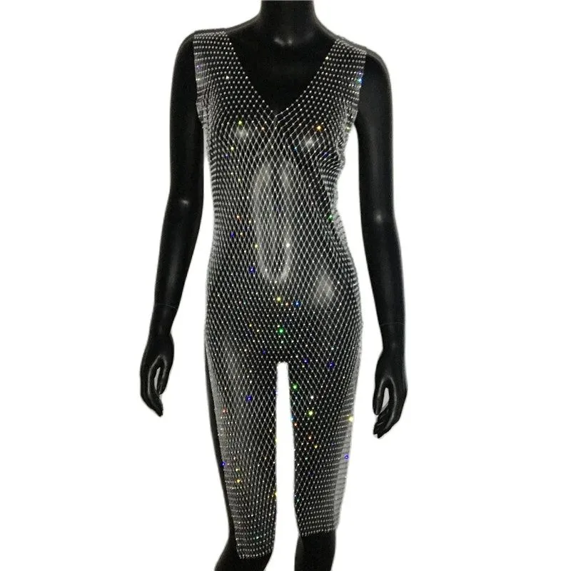 Rhinestone Mesh Party Sequins Crystal Dress Women Sexy Sleeveless Hollow Out Bodycon Outwear Nightclub Beach Dresses