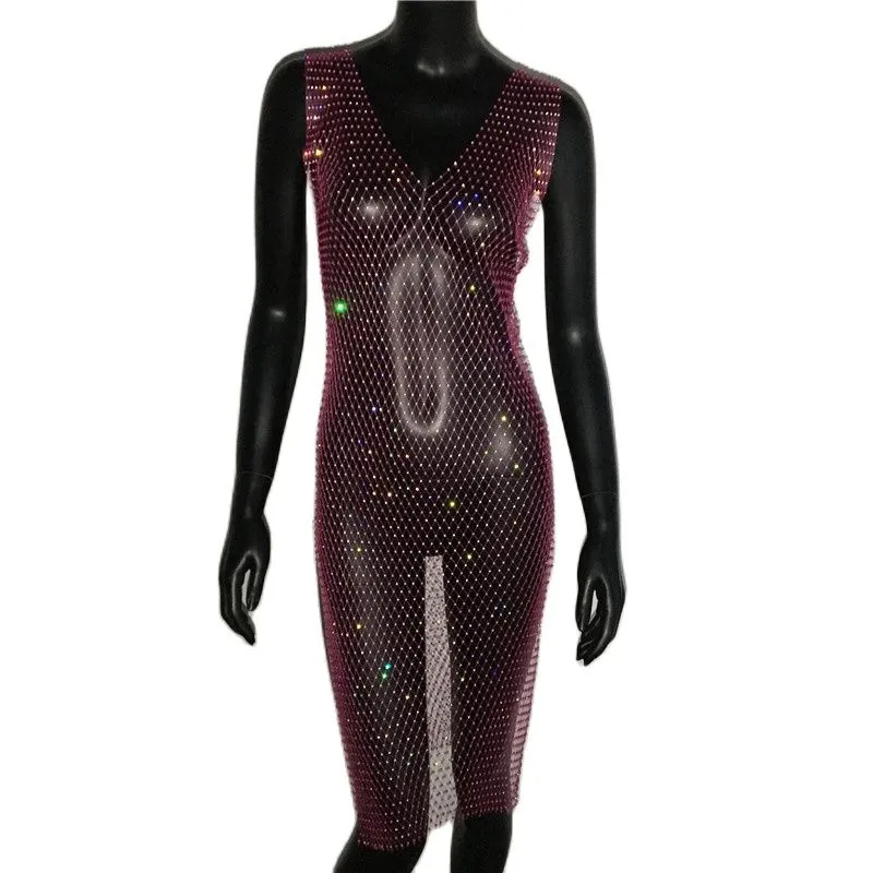 Rhinestone Mesh Party Sequins Crystal Dress Women Sexy Sleeveless Hollow Out Bodycon Outwear Nightclub Beach Dresses