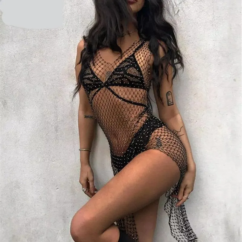 Rhinestone Mesh Party Sequins Crystal Dress Women Sexy Sleeveless Hollow Out Bodycon Outwear Nightclub Beach Dresses