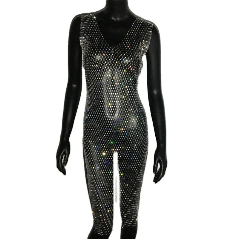 Rhinestone Mesh Party Sequins Crystal Dress Women Sexy Sleeveless Hollow Out Bodycon Outwear Nightclub Beach Dresses