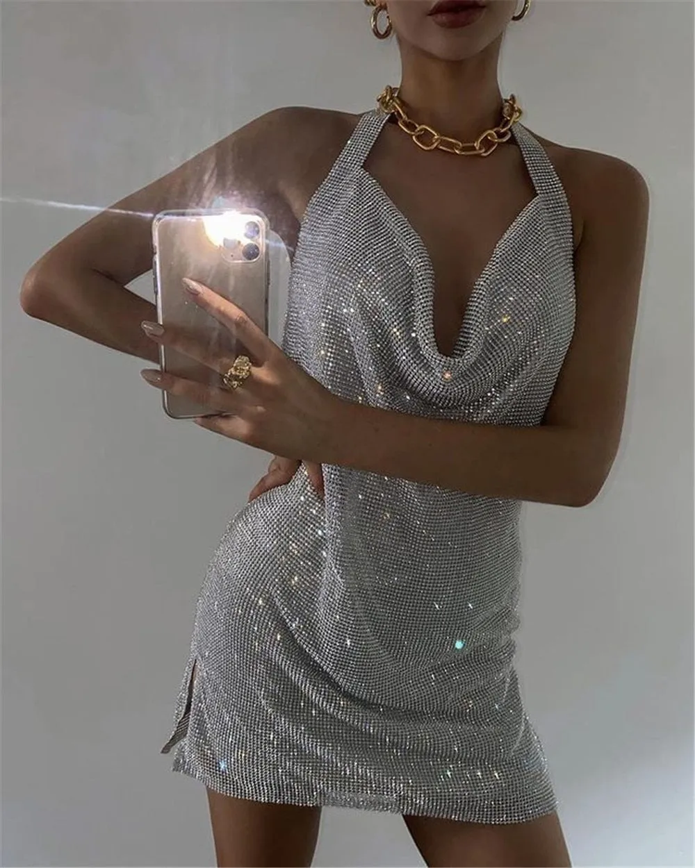 Rhinestone Mini Party Backless Pink Halter Night Club Glitter Sequin Dress
