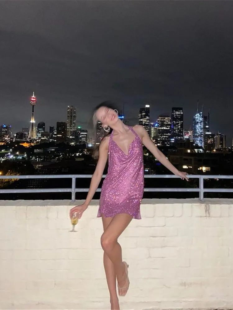 Rhinestone Mini Party Backless Pink Halter Night Club Glitter Sequin Dress