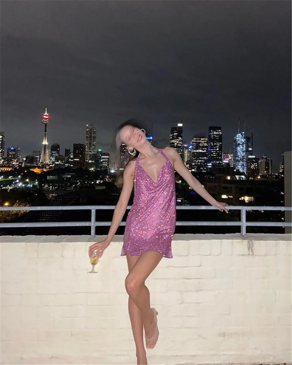 Rhinestone Mini Party Backless Pink Halter Night Club Glitter Sequin Dress