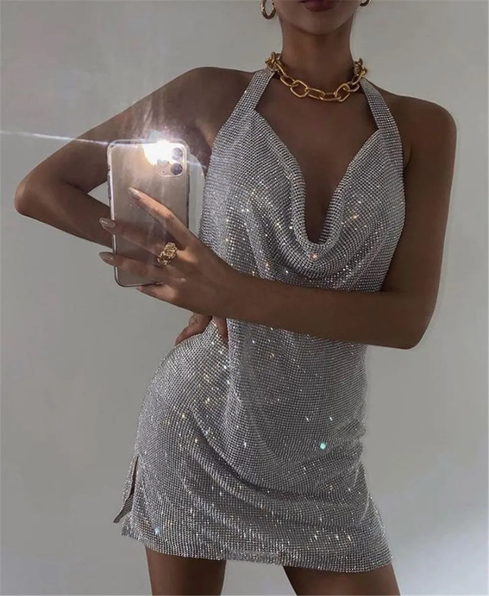 Rhinestone Mini Party Backless Pink Halter Night Club Glitter Sequin Dress