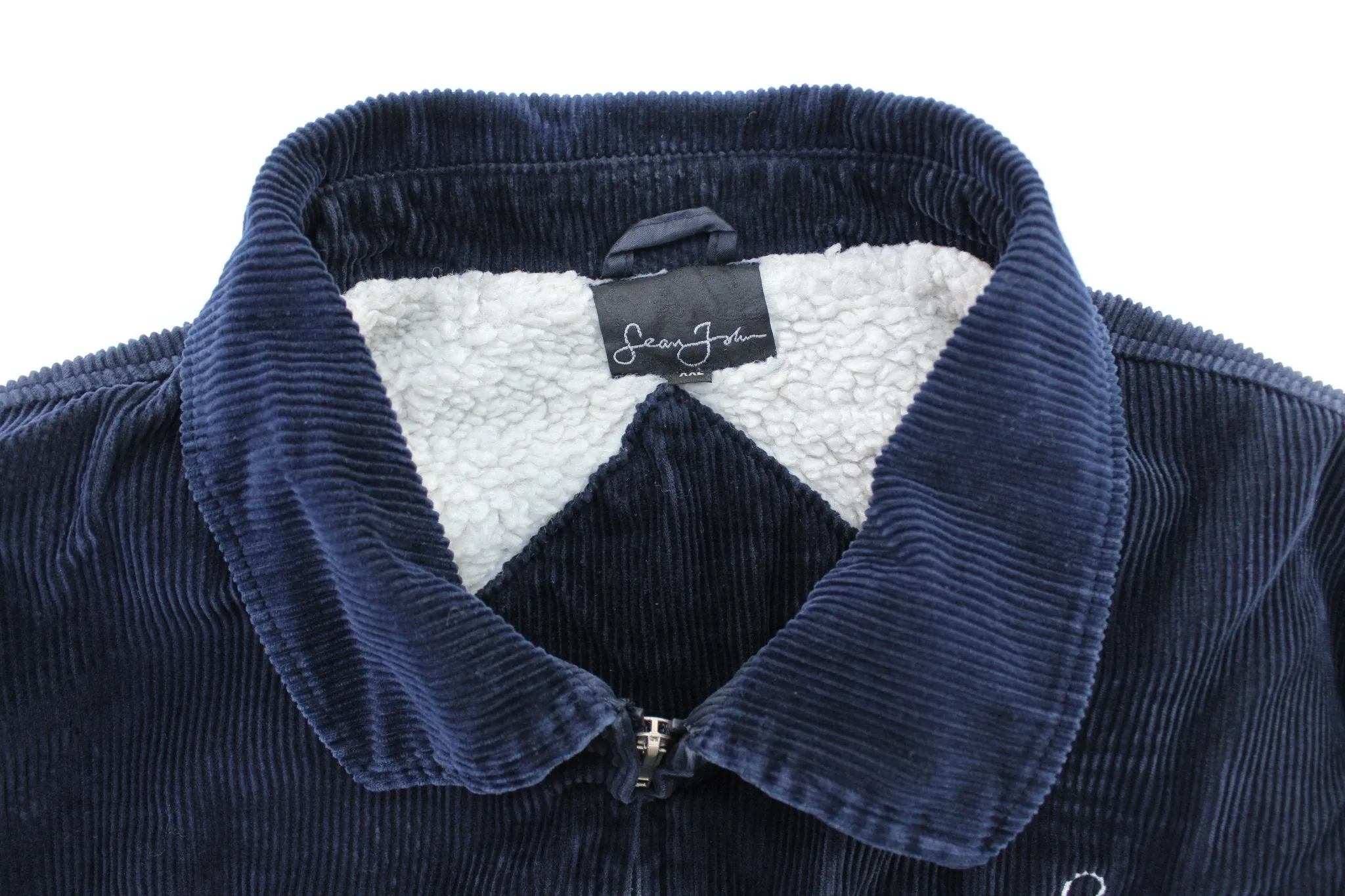 Sean John Embroidered Navy Corduroy Sherpa Lined Zip Up Jacket