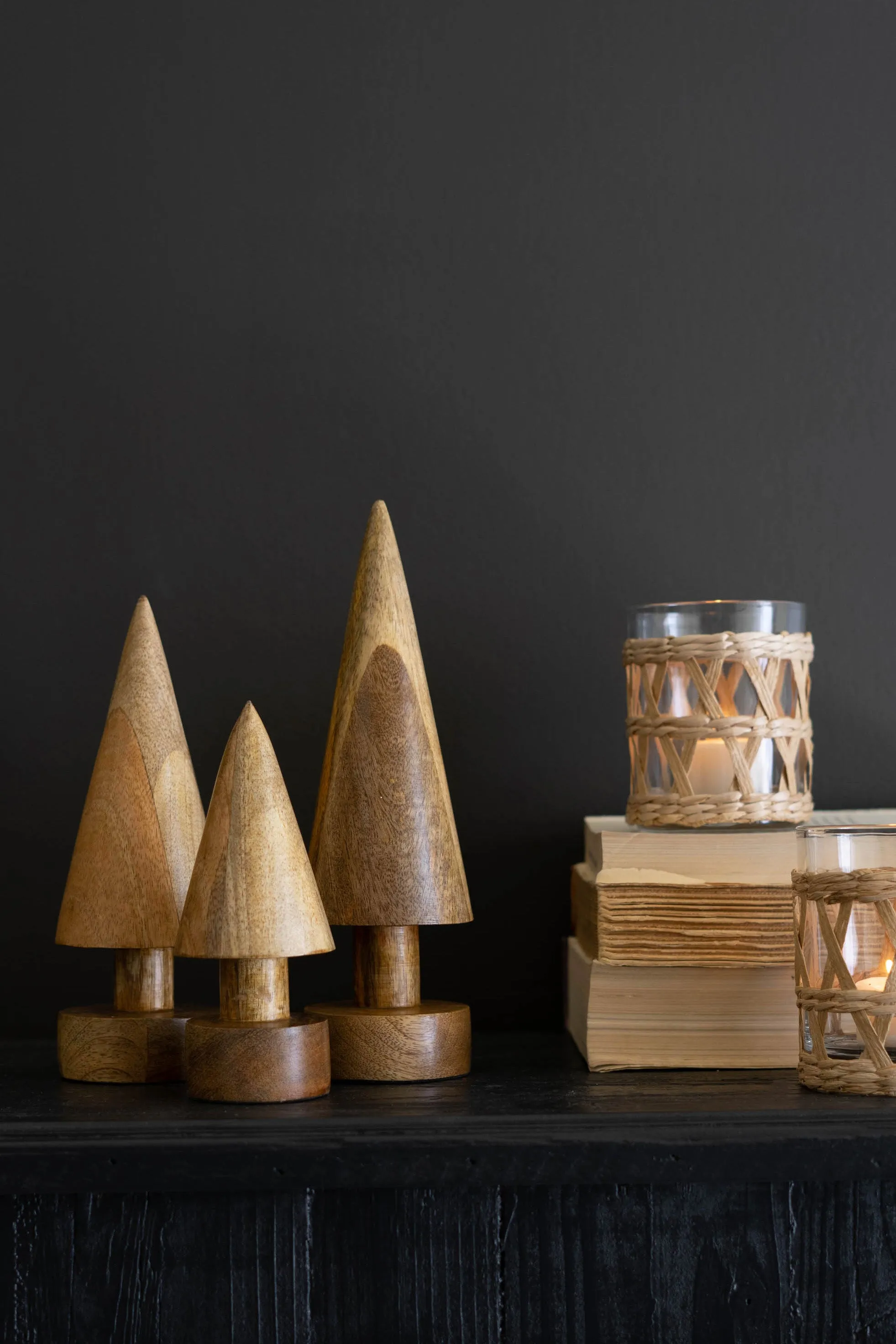 Set Of Three Turned Wooden Christmas Trees