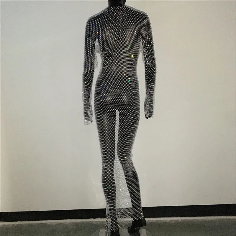 Shiny Rhinestones Grid Long Dress See Through Long Sleeves Fishnet Side Slit Long Dresses Chic Summer Beach Cover Up