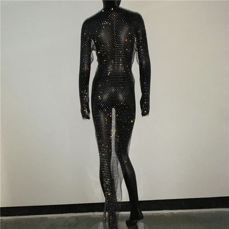 Shiny Rhinestones Grid Long Dress See Through Long Sleeves Fishnet Side Slit Long Dresses Chic Summer Beach Cover Up