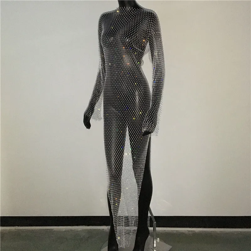 Shiny Rhinestones Grid Long Dress See Through Long Sleeves Fishnet Side Slit Long Dresses Chic Summer Beach Cover Up